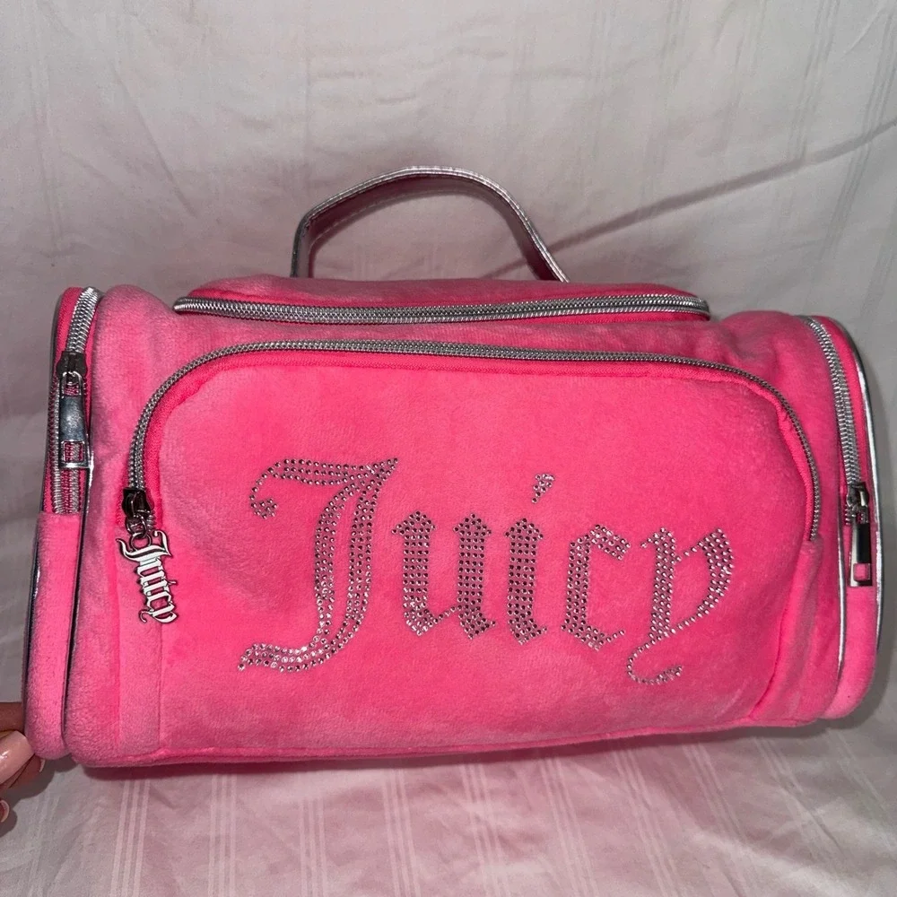 Juicy Couture Hot Pink Velour Rhinestone Logo Makeup Bag Vanity Travel Case